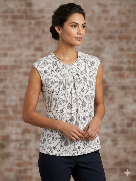 Liz Claiborne Tops - Liz Claiborne White & Black Key & Paisley-Print Pleated Cap-Sleeve Top Size S